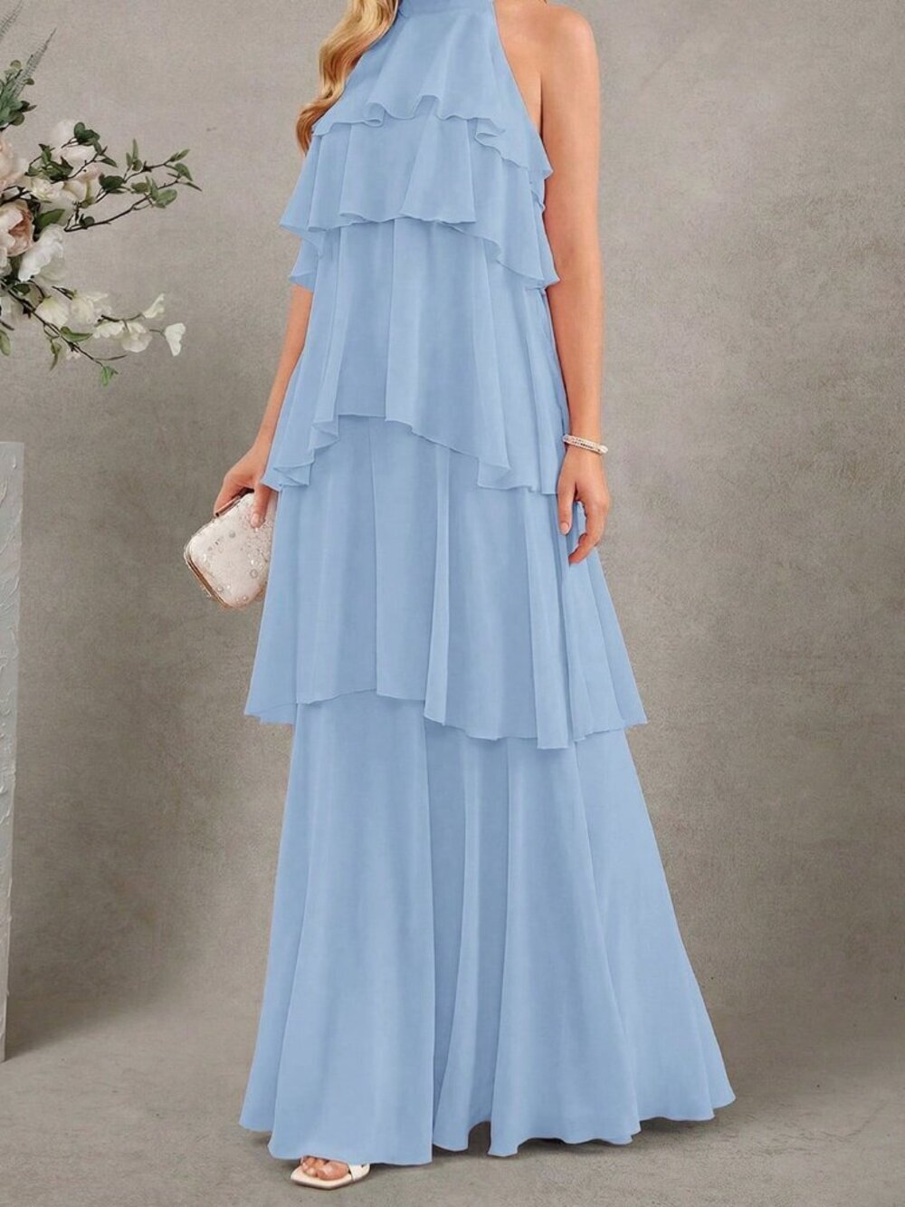 Baby Blue Casual Women's Halter Neck Ruffle Dress